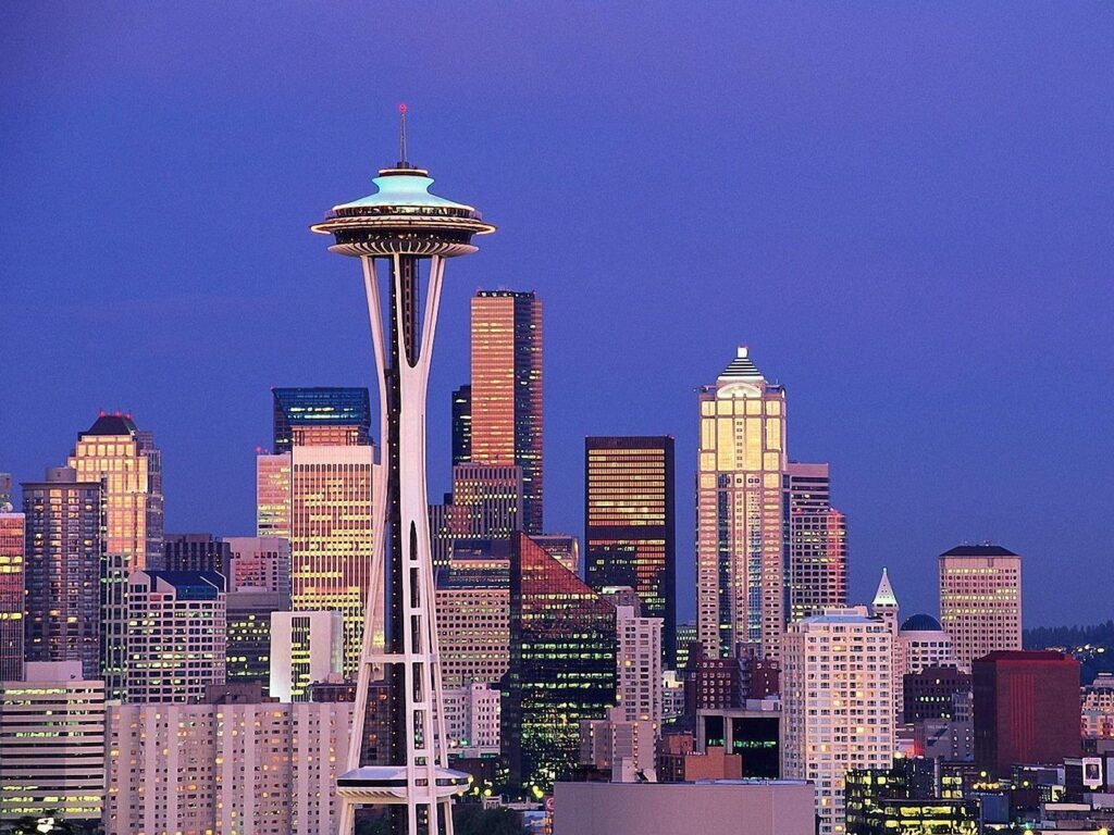 Seattle Washington Space Needle Sky Clouds Mountains Cities Wallpapers