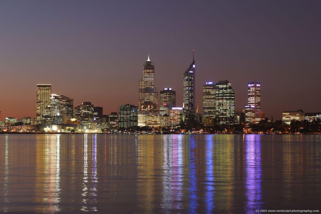 Perth night lights water reflection buildings