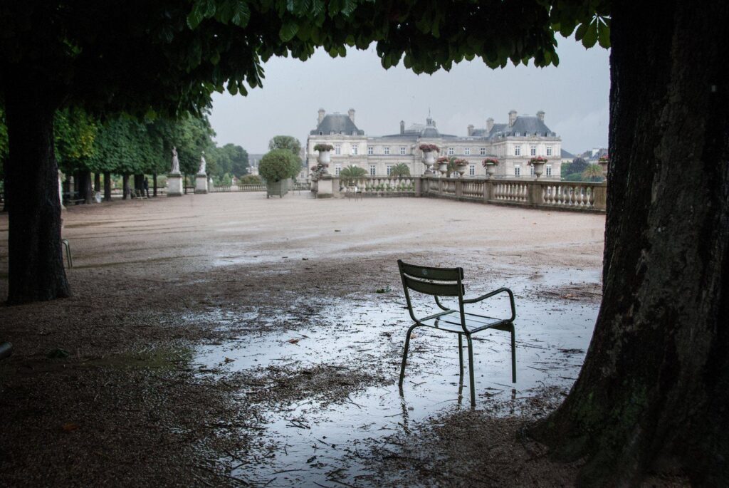 Luxembourg terrace tree chair a pool after the rain 2K wallpapers