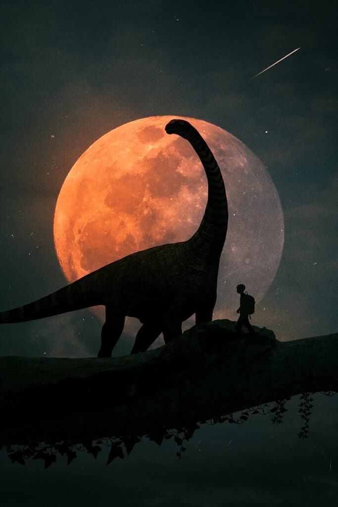 Download wallpapers silhouettes, dinosaur, planet, photoshop