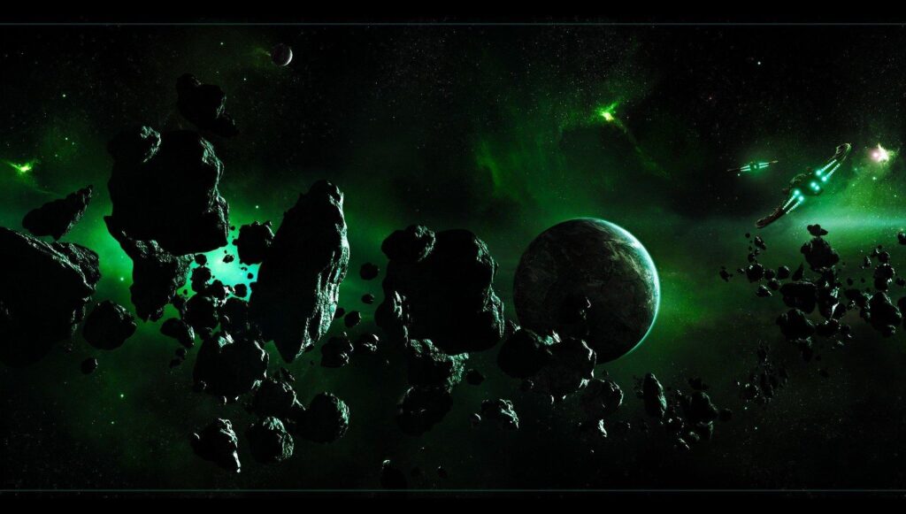 Ships asteroids belt planet 2K wallpapers