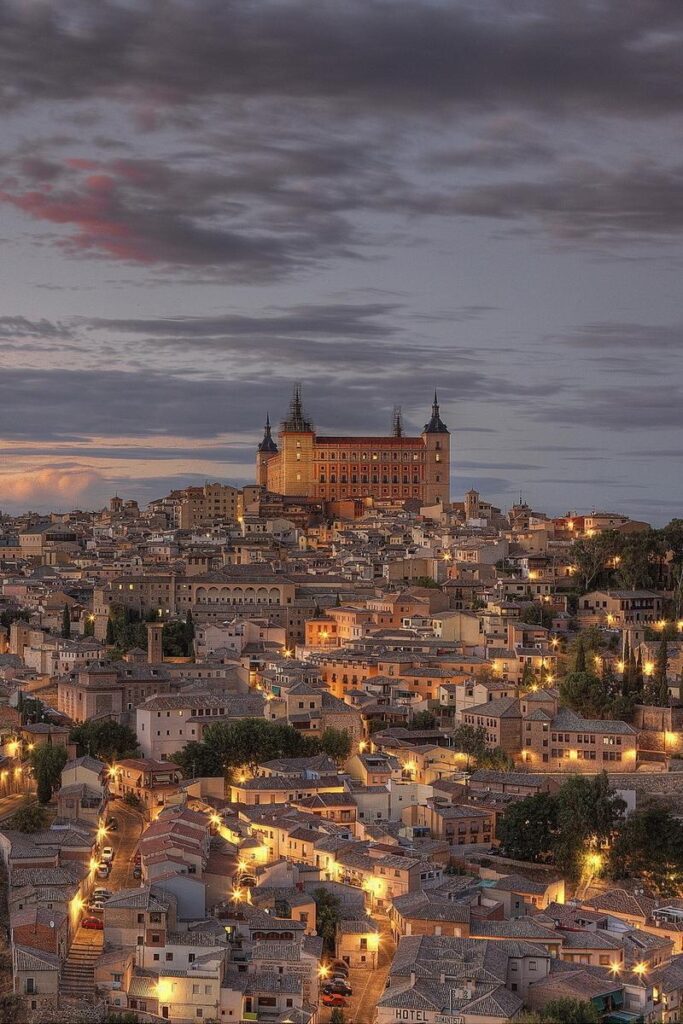 Download wallpapers spain, toledo, lights, dusk, hdr iphone