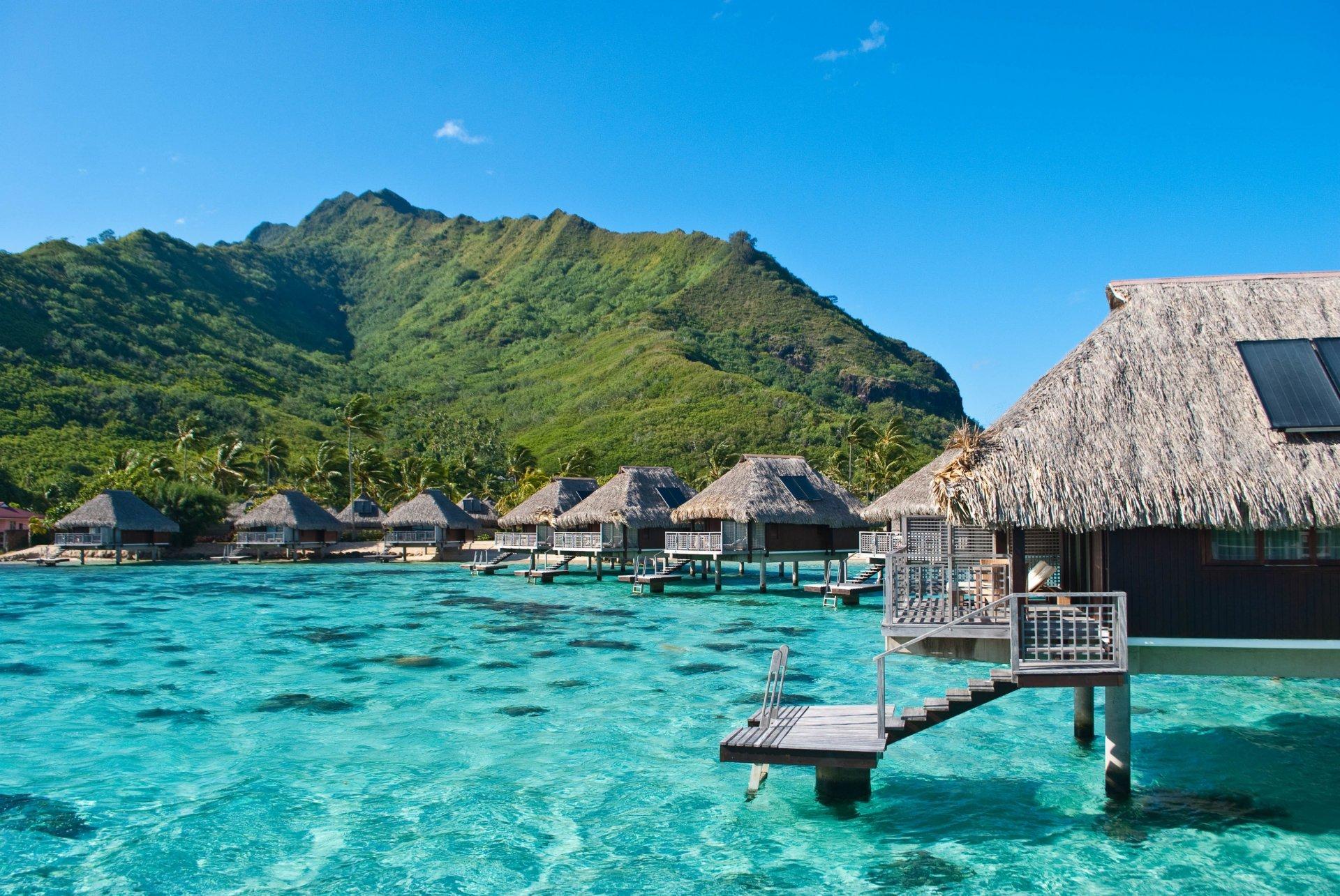 Ocean bungalow hotel exotic moorea french polynesia 2K wallpapers