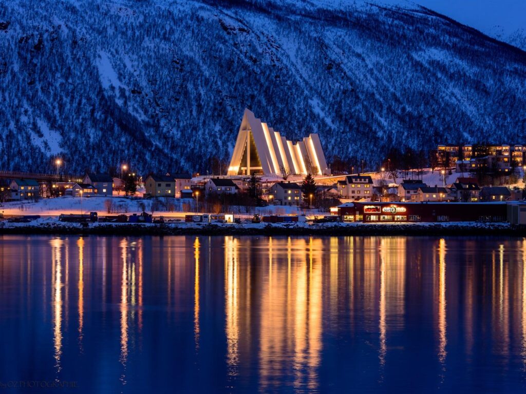 Wallpapers Tromso, Norway, winter, city, sea, mountain, night, lights