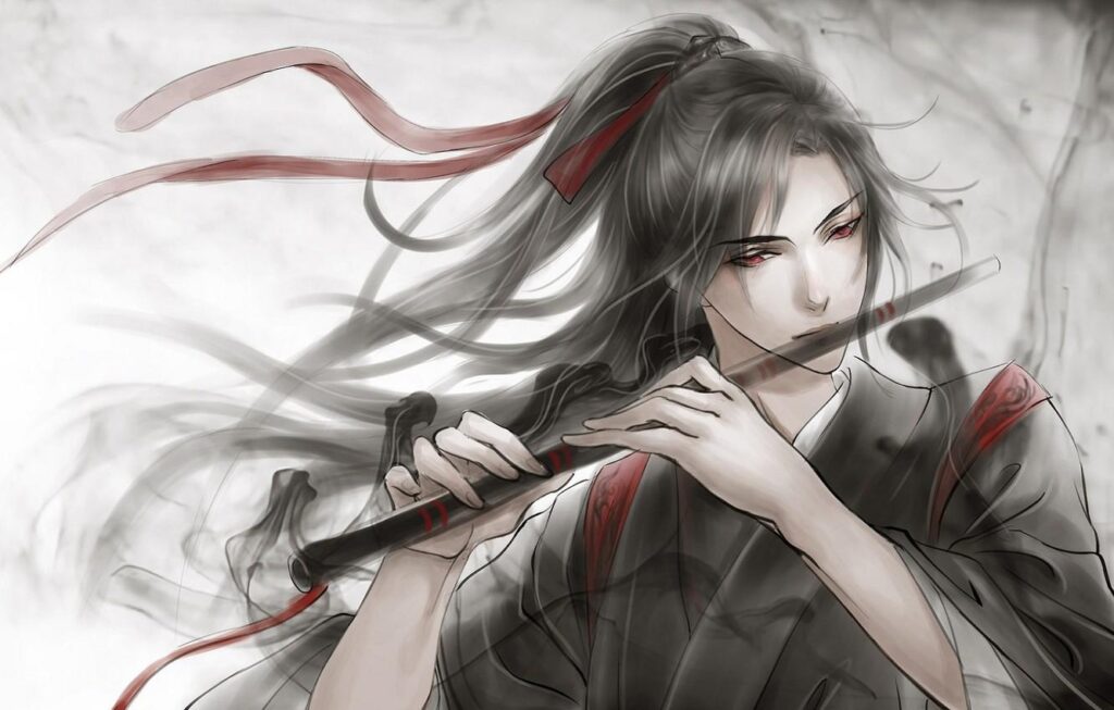 Wallpapers grey background, flute, red eyes, long hair, red ribbon