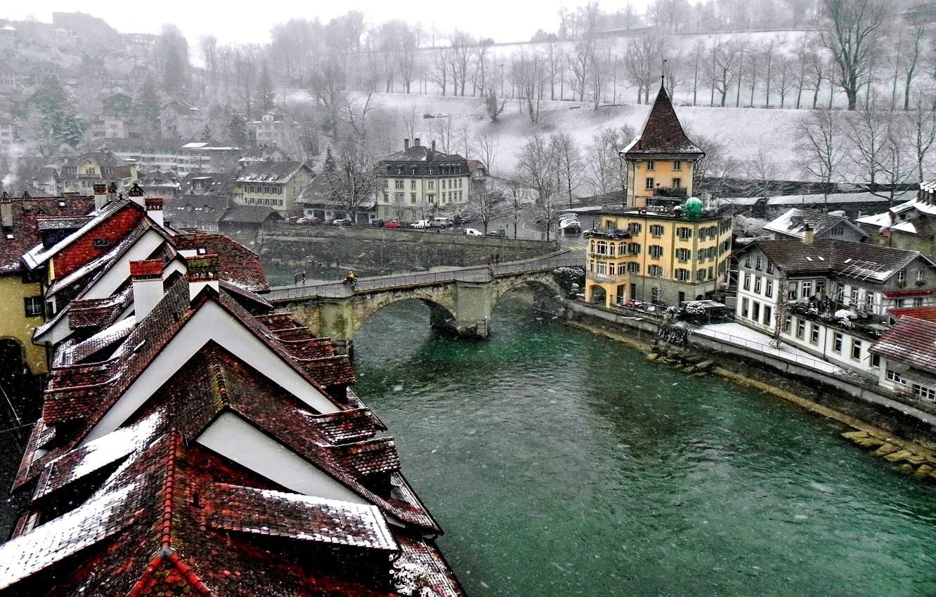 Wallpapers winter, bridge, the city, river, Switzerland, roof