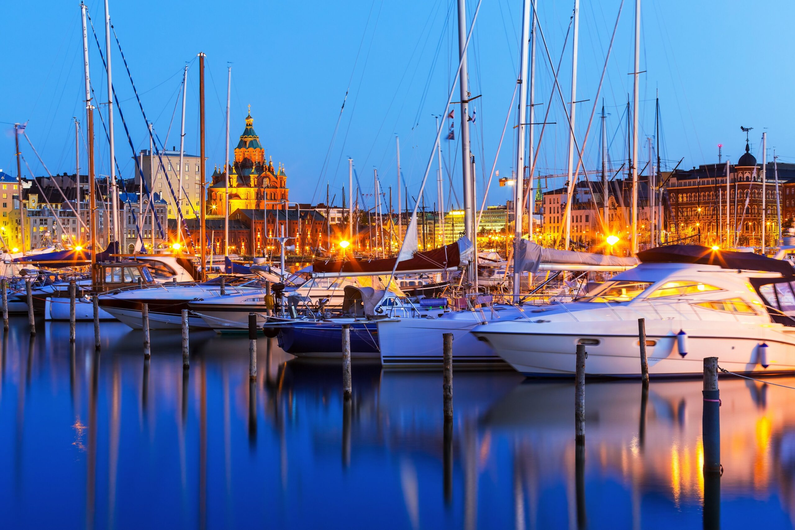 Wallpapers Night city, port, yachts, Finland, Helsinki, harbor, river