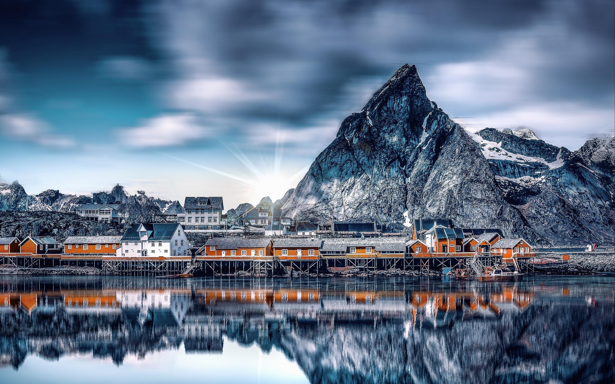 Download wallpapers mountains, lake, buildings, reflection