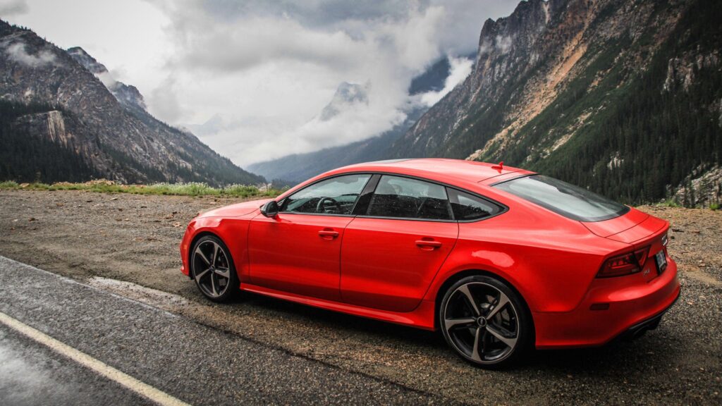 Download Wallpapers Audi, Rs, Red, Side view, Mountain