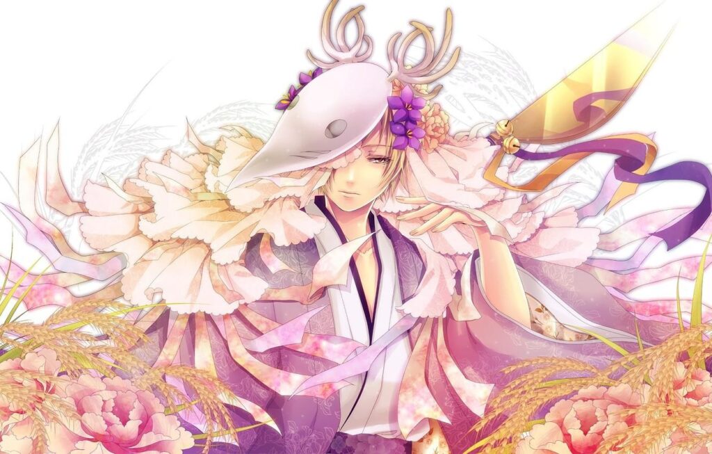 Wallpapers flowers, mask, horns, ears, Japanese clothing, Cape
