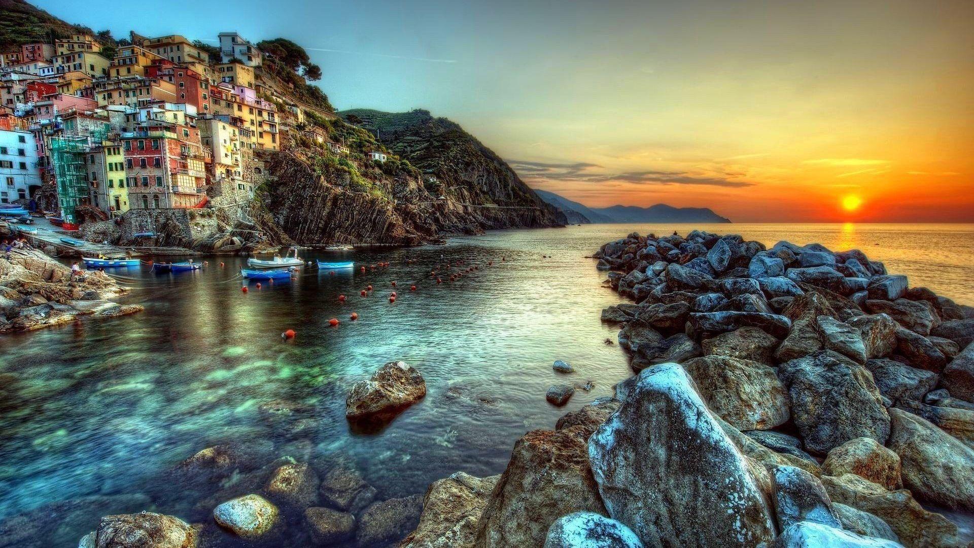 Sunset Amalfi Coast Houses Cliffs Rocks Italy Sun Sea Sunset