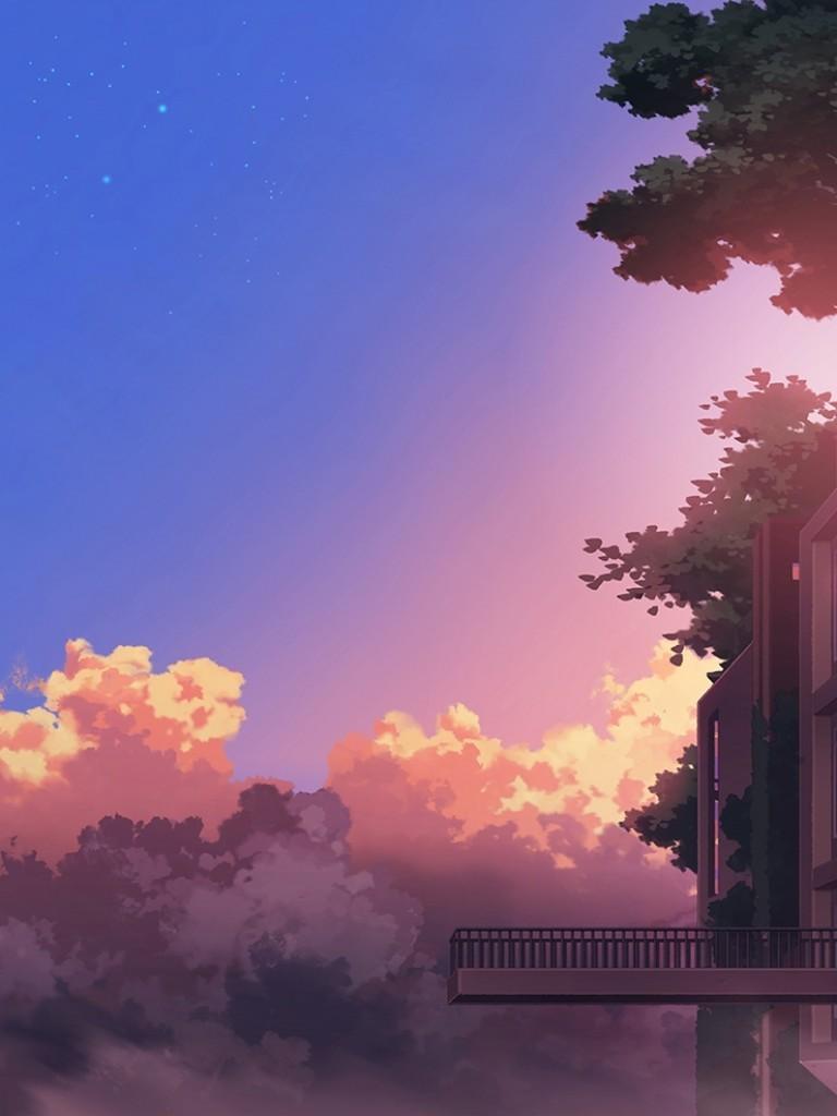 Download Anime Landscape, Building, Sunset, Clouds, Scenic