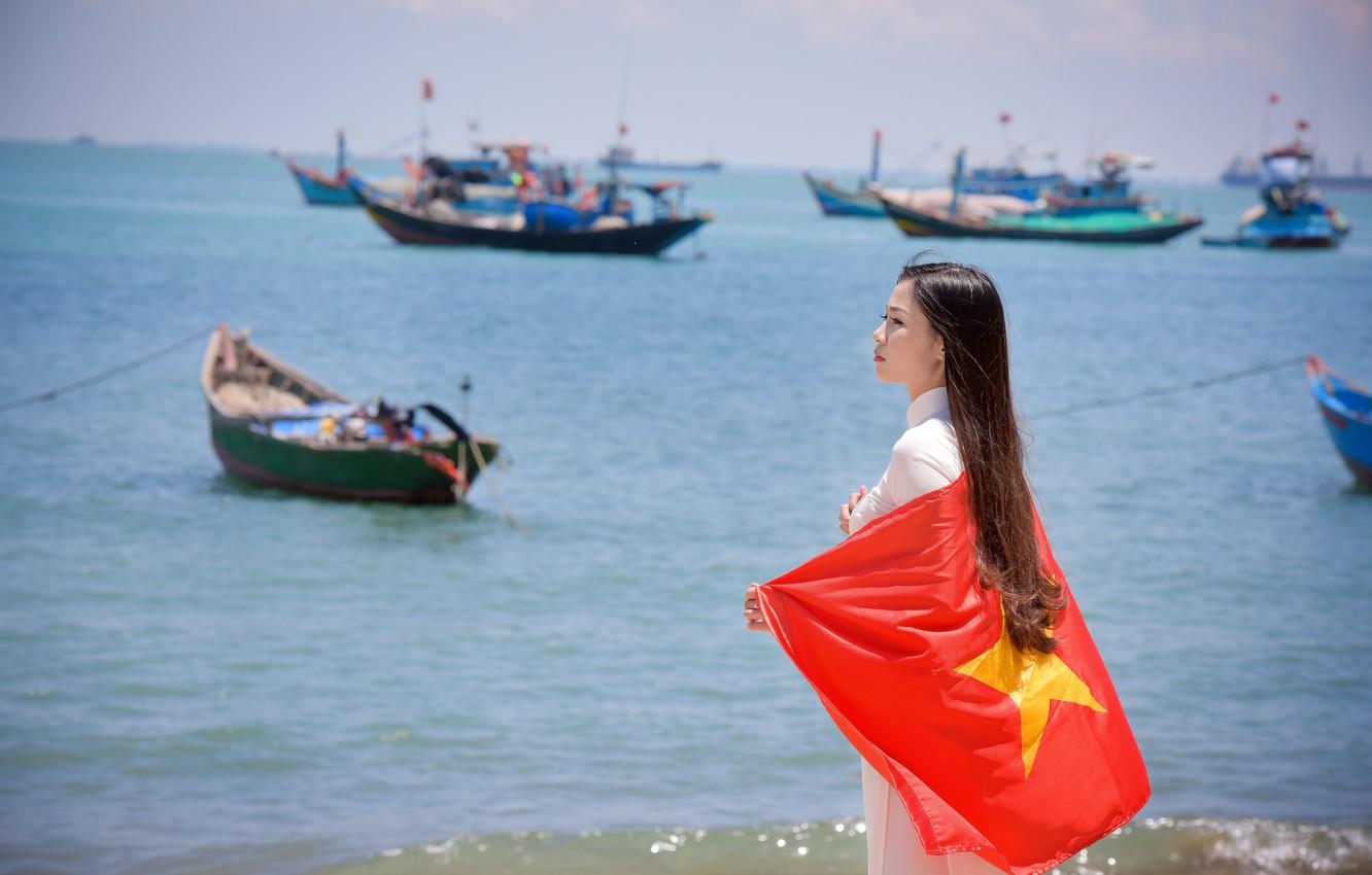 Wallpapers sea, summer, girl, face, dress, flag, Vietnam Wallpaper for