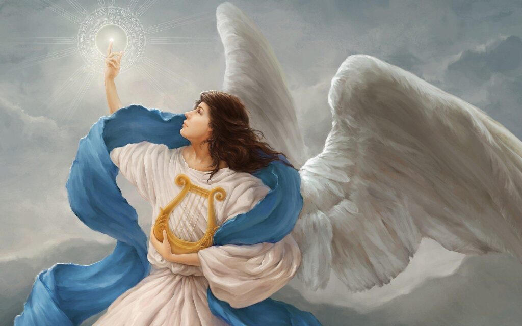 Light symbol angel clouds harp wings 2K wallpapers
