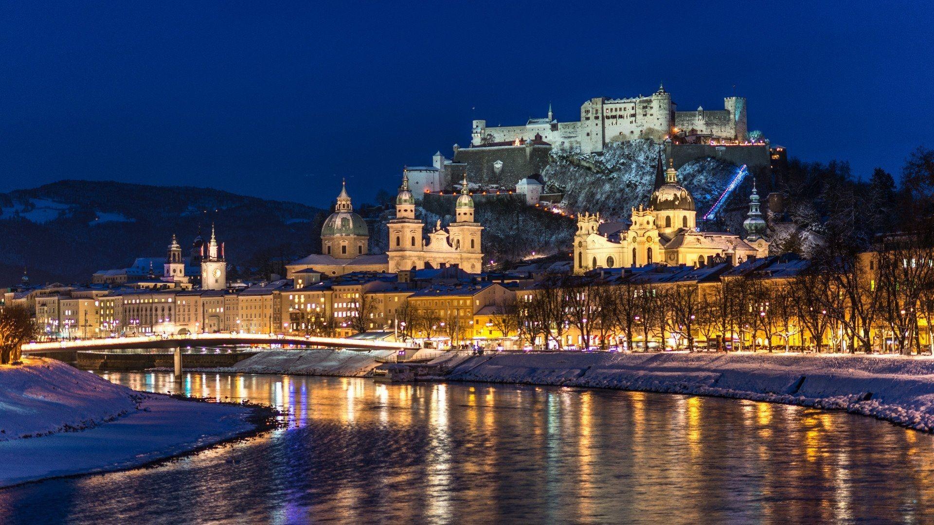 City night, Salzburg, Austria, river, winter, snow, houses, lights