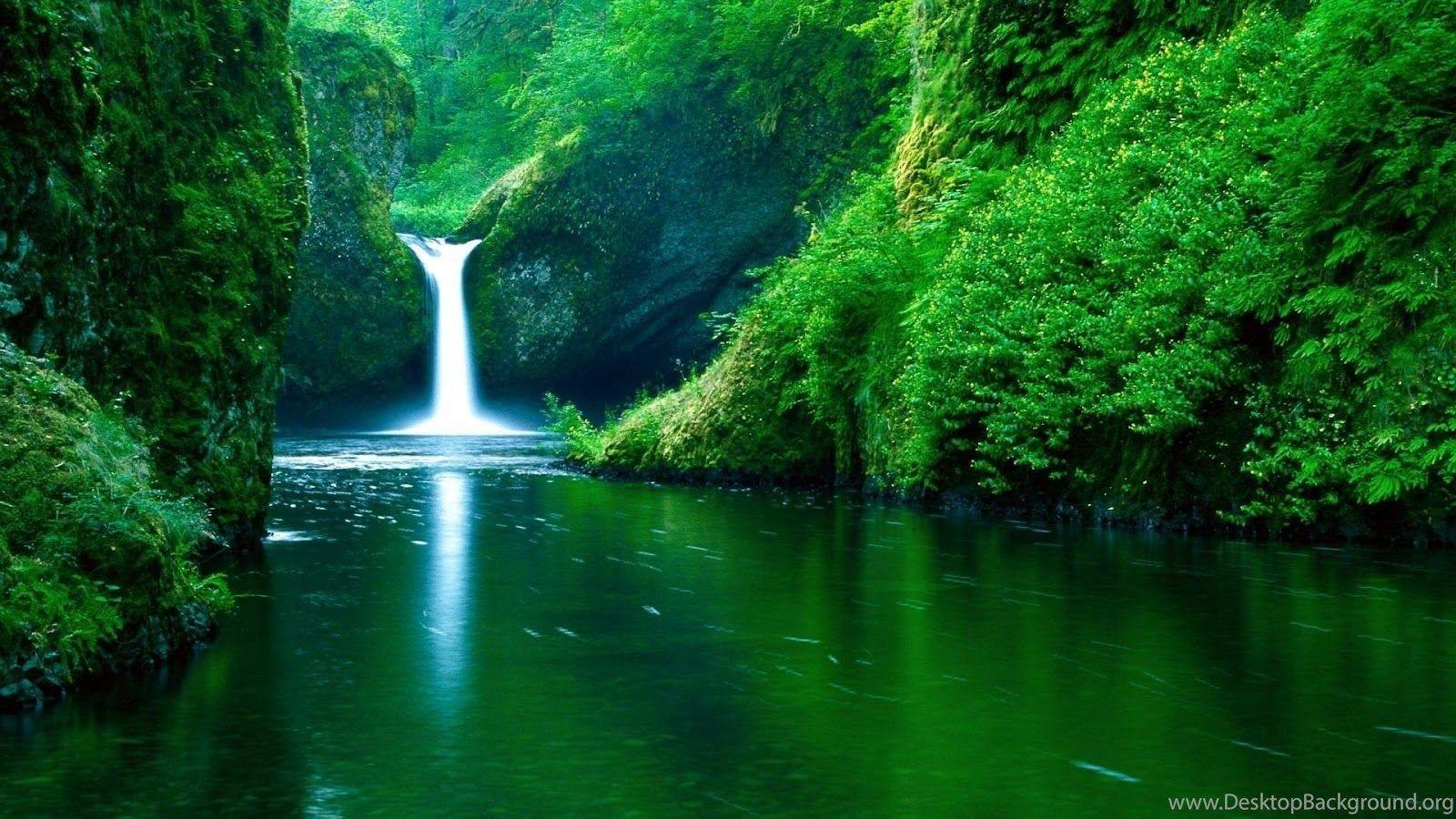 Waterfall forest green 2K nature backgrounds wallpapers for