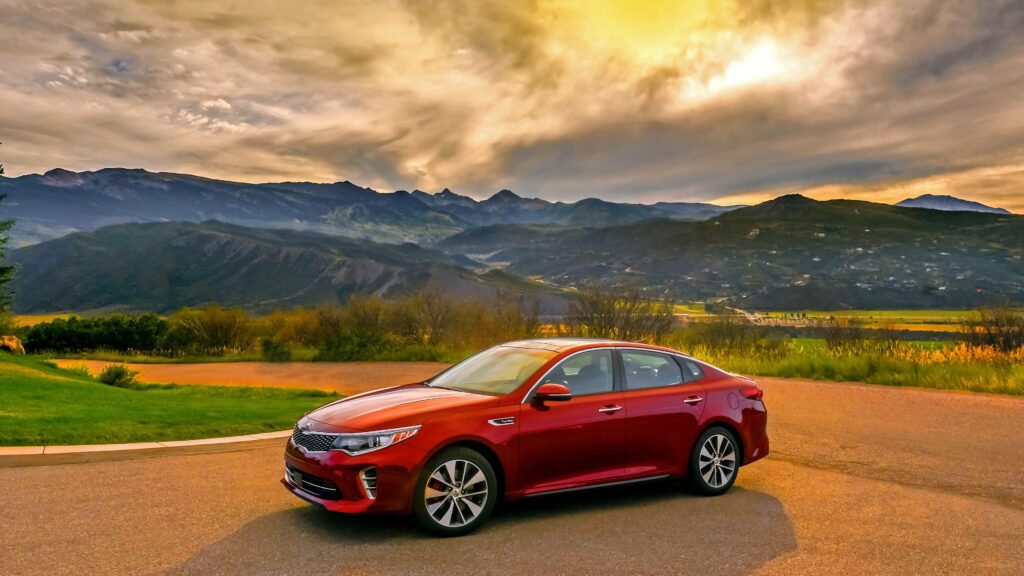 Download Wallpapers Kia, Optima, Red, Side view, Mountains