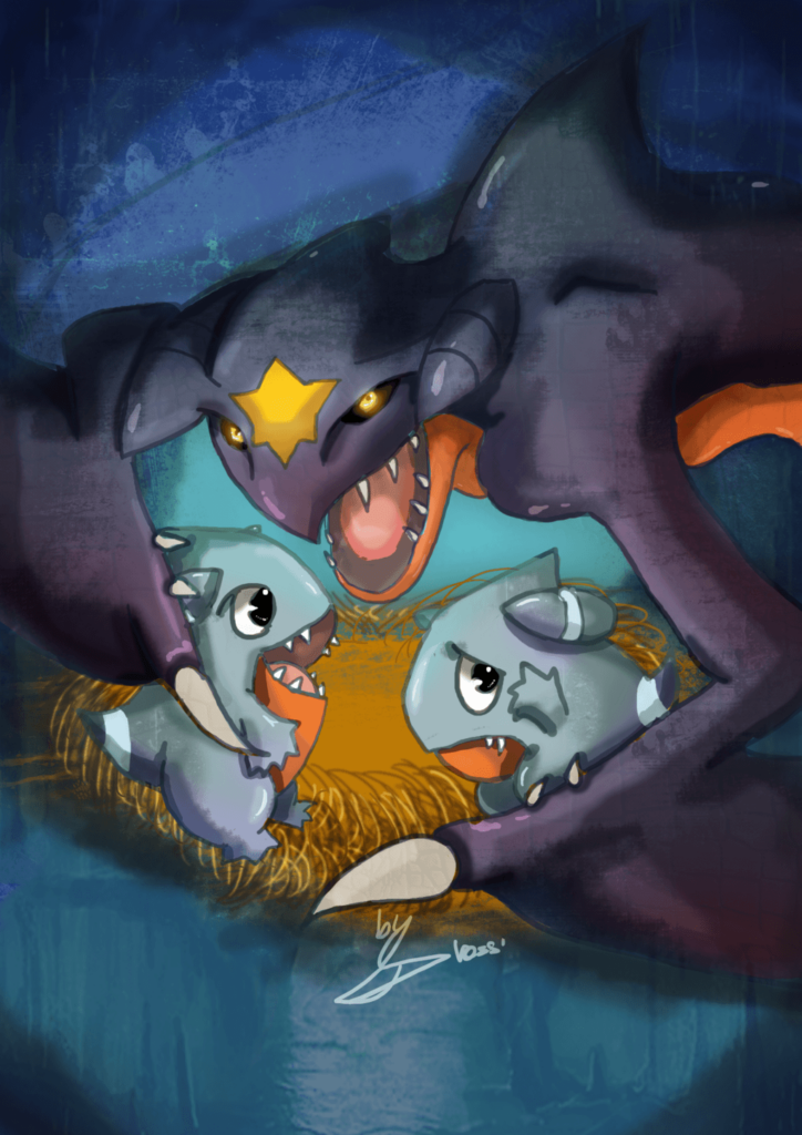 Garchomp mother protecting little Gible