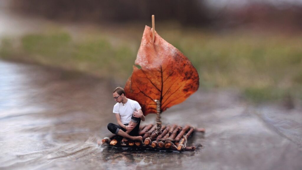 Minimalistic rain leaves men sad boats rafting Wallpapers
