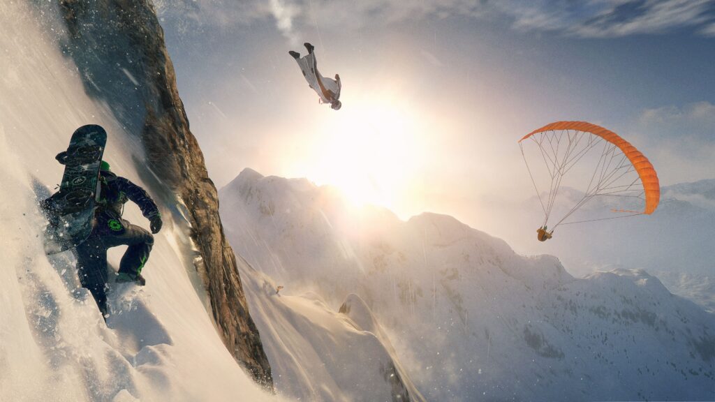 Skydiver, Men, Video games, Steep, Mountains, Snow, Sun