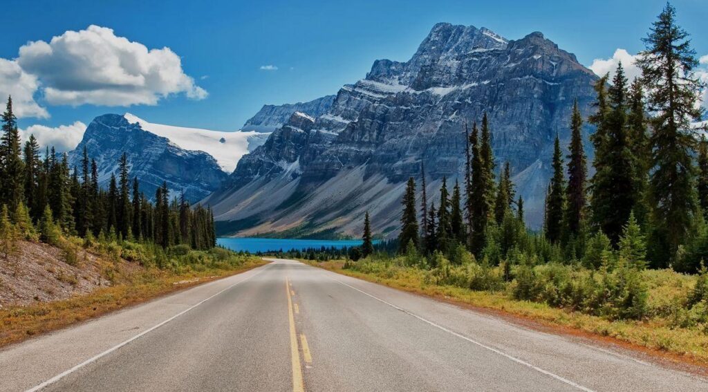 Canada Canadian Rockies road trees lake mountains wallpapers