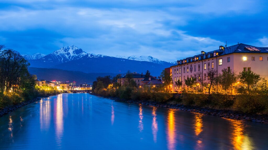 Wallpaper Austria Innsbruck Mountains Sky Rivers night time