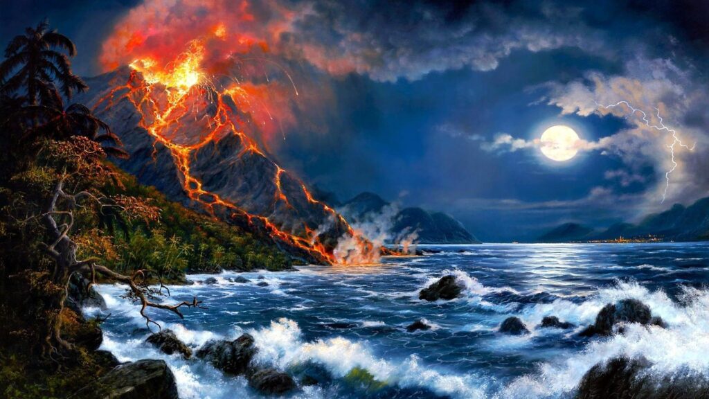 Erupting Volcano Oil Painting Art Picture Wallpaper Wallpapers 2K Free