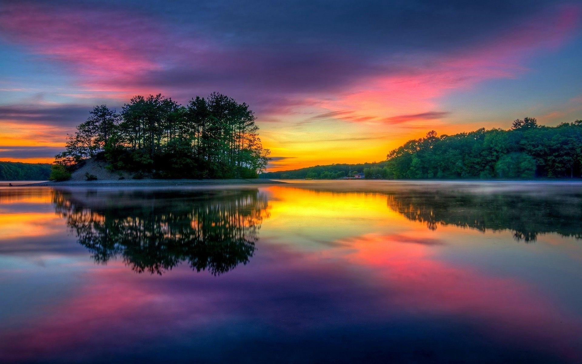 Sunrise, Colorful, Lake, Island, Nature, Landscape, Reflection
