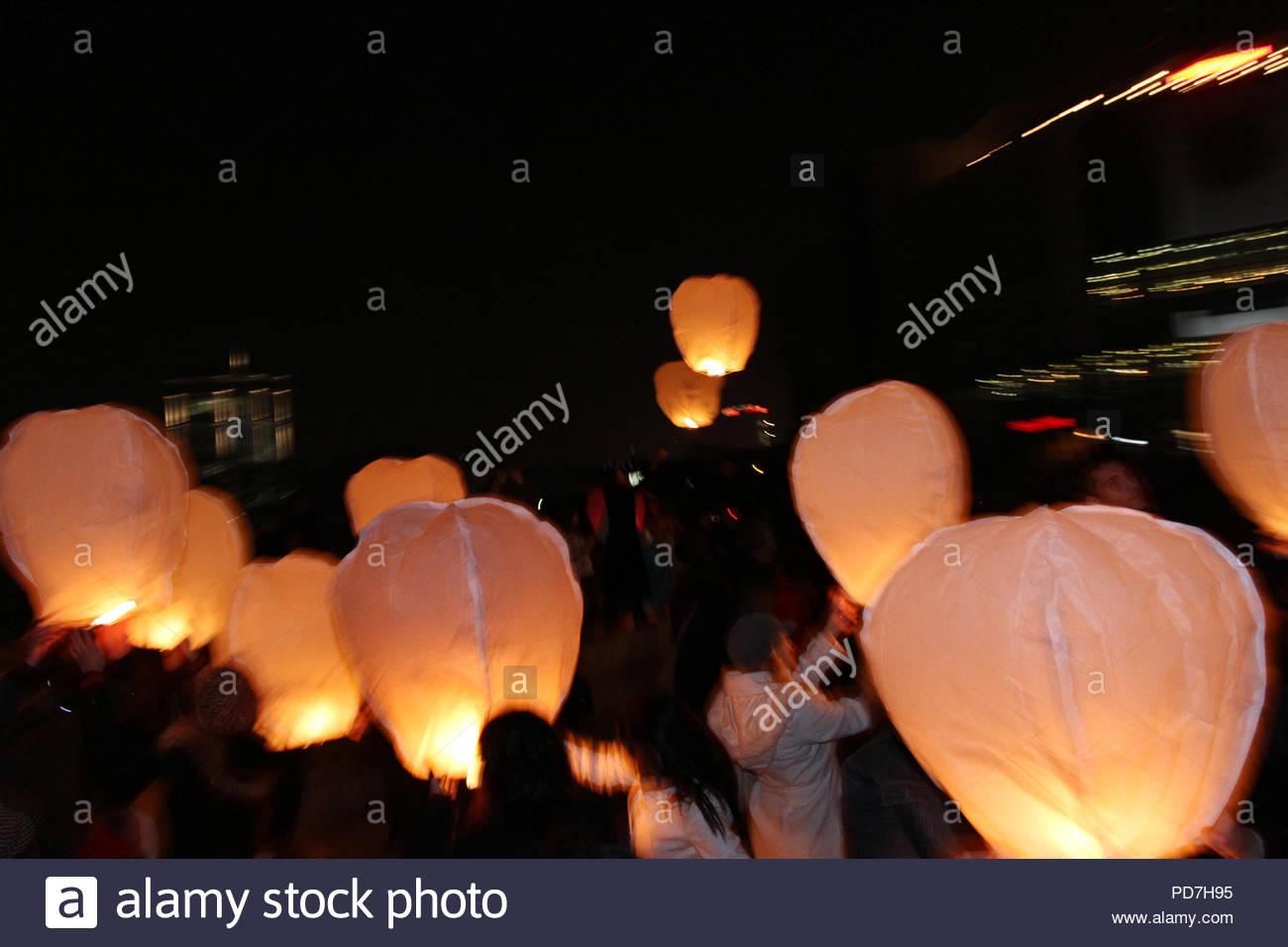 Sky lanterns floating in the sky Deepavali lights festival Chinese