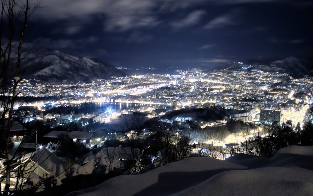 Winter City, Clouds, Bergen, Sky, Tree 2K Wallpaper, City Picture