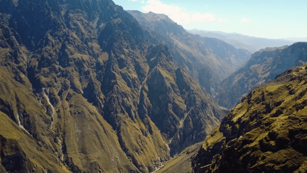 Slow drone aerial flying over the stunning Colca Canyon in Peru