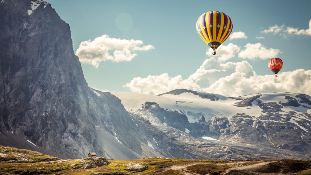 Download Hot Air Balloon, Scenic, Mountain, Clouds, House