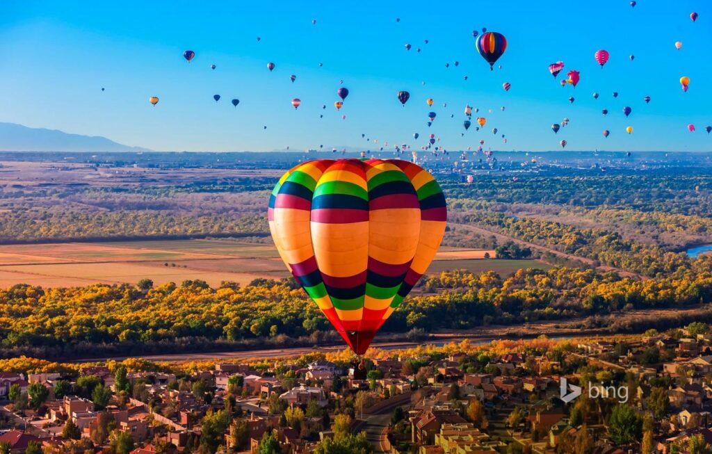 Wallpapers trees, balloon, river, panorama, USA, New Mexico
