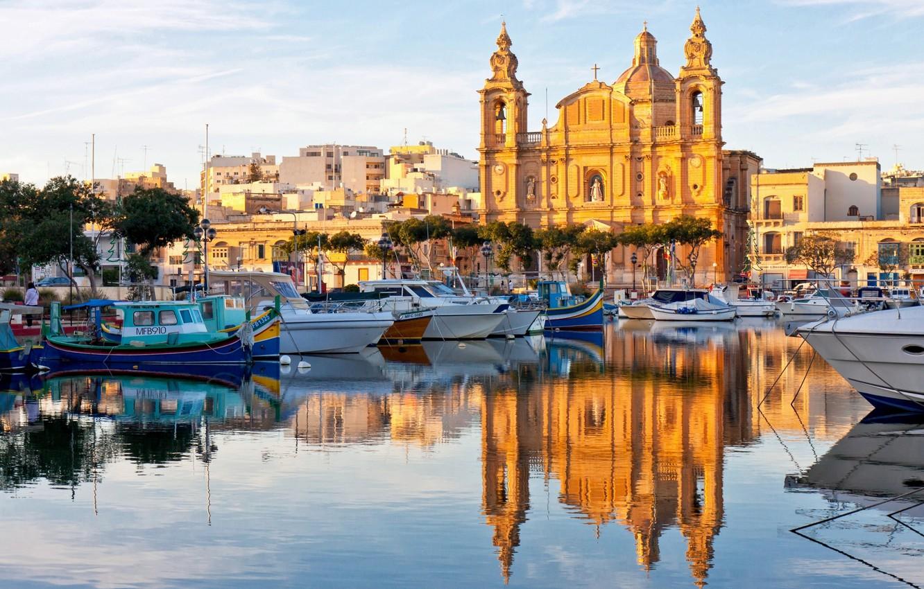 Wallpapers reflection, boats, Cathedral, boats, harbour, Malta, Malta