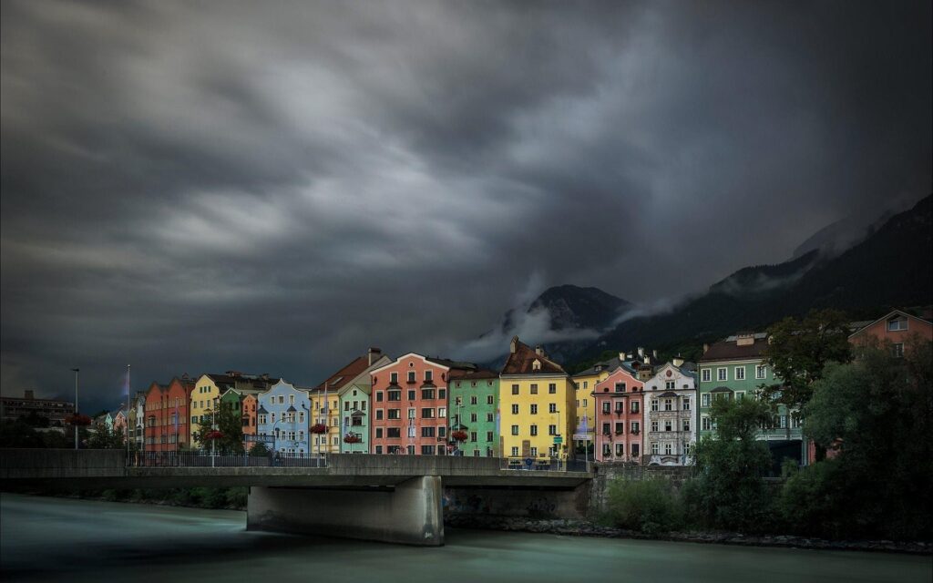 Download wallpapers Innsbruck, River Inn, colorful houses, Austria