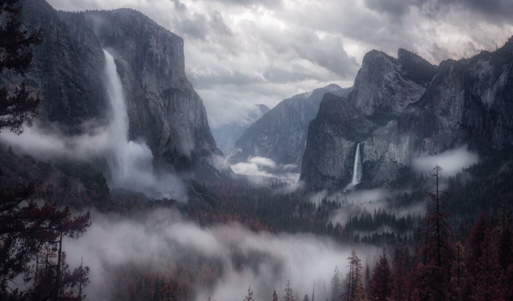 Download Waterfall, Mountain, Hills, Forest, Dark Clouds