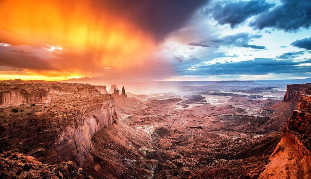 Sunrise, canyon, blue, storm, white, sky, erosion, desert, red