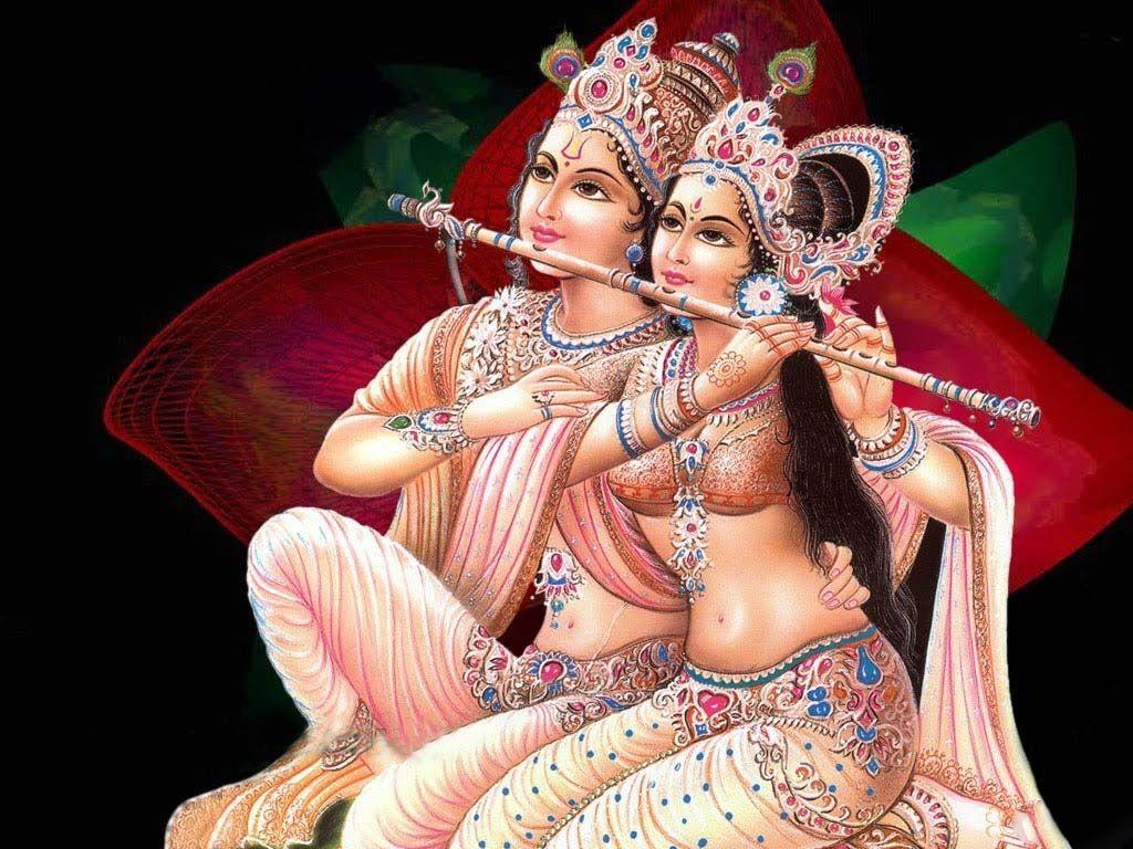 Krishna and Radha play flute Wallpaper