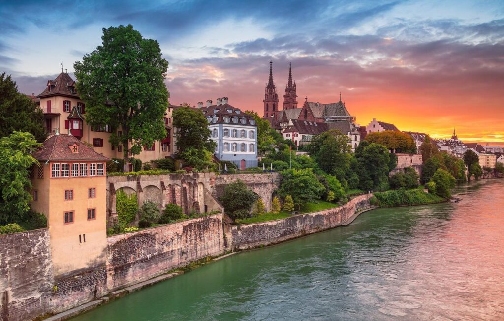 Wallpapers sunset, river, building, home, Switzerland, Switzerland