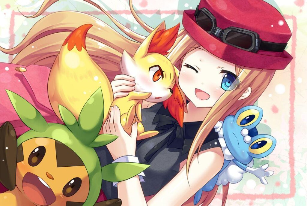 Blue eyes, chespin, fennekin, froakie, goggles, hat, mitsuki