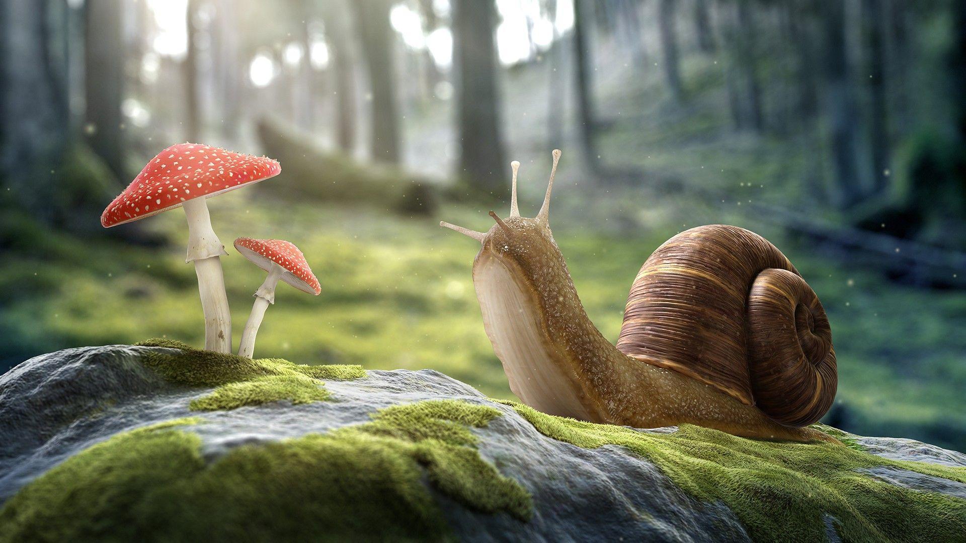 Snail on a stone and fly agaric wallpapers and Wallpaper
