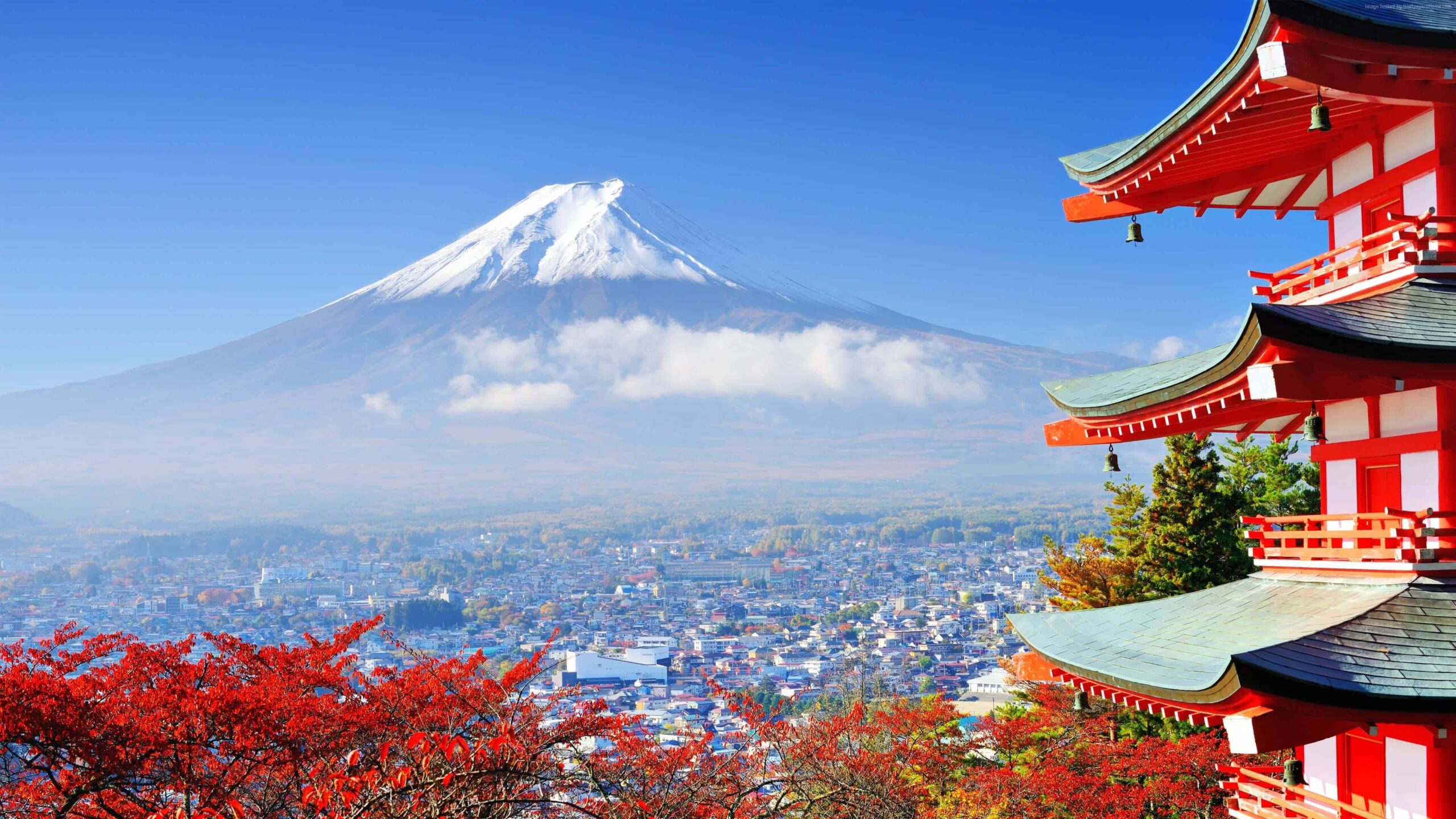 View Of Mount Fuji From A Red Pagoda, Tokyo UHD K Wallpapers