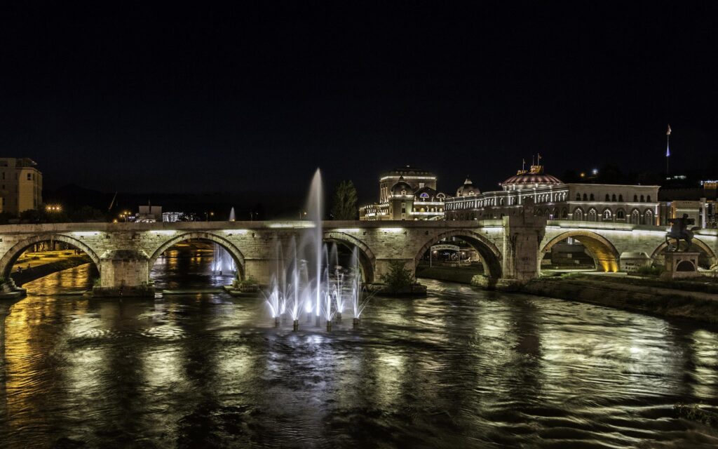 Picture Skopje Macedonia Bridges Night Rivers Cities