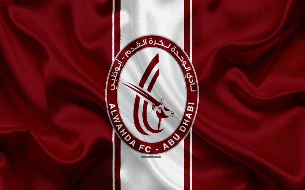 Download wallpapers Al Wahda FC, k, logo, burgundy silk flag