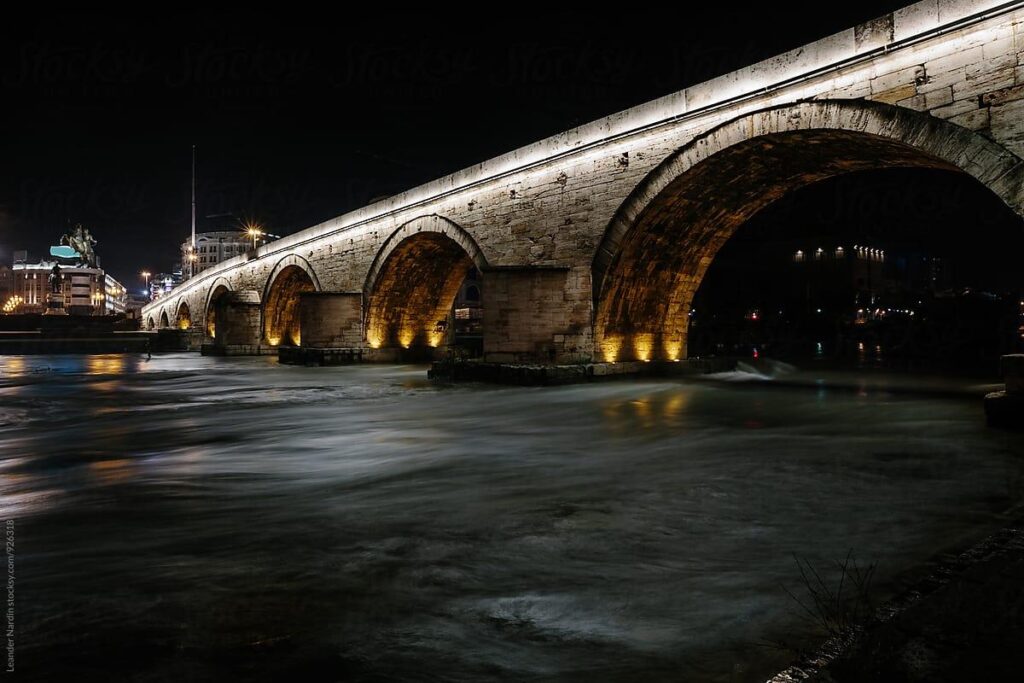 Night Shot Of The Stone Bridge In Skopje, Macedonia