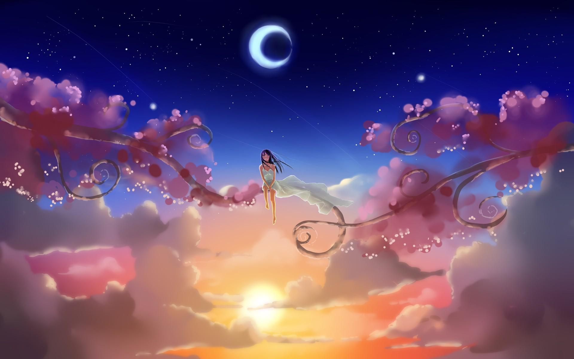 Clouds, Sun, artwork, anime, skyscapes, crescent moon Wallpapers