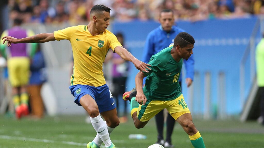 Guarding the gold Marquinhos and Rodrigo Caio leading Brazil from