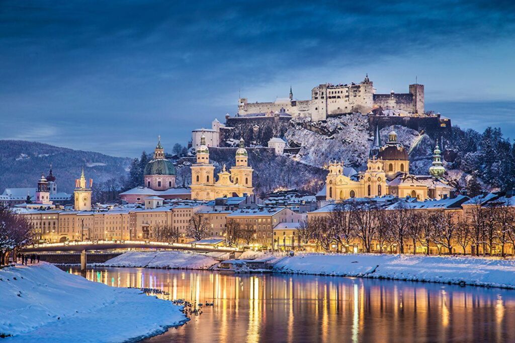 Wallpaper Salzburg Austria Winter Castles Sky Rivers night time Cities