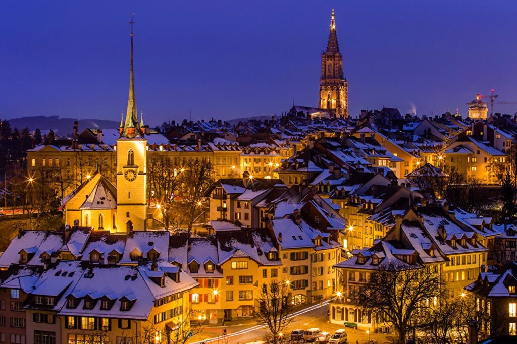 Wallpaper Bern Switzerland Winter Night Street lights Cities Houses