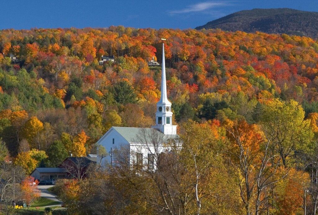 Religious Church Stowe Vermont Autumn Tower Colors Fall Trees